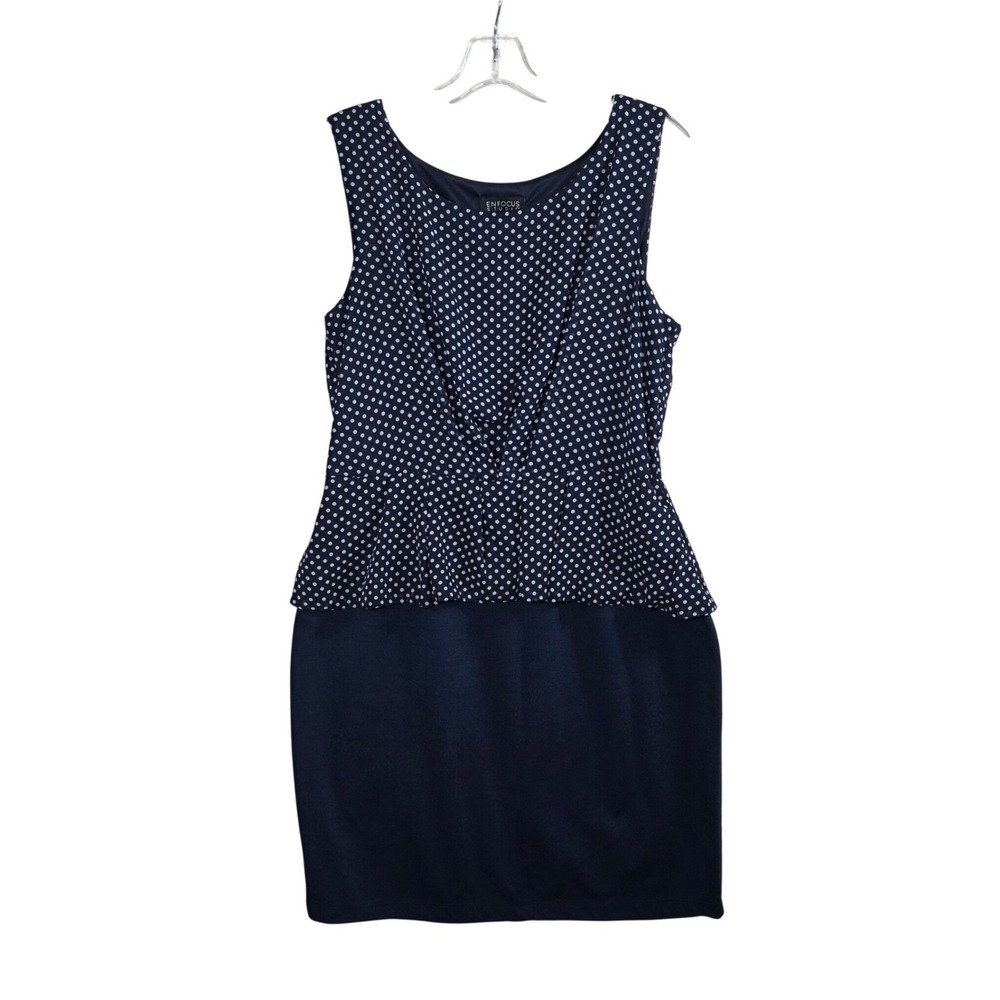 Enfocus Studio Peplum Dress Navy Polka Dot Career Sheath 14 Office Pinup Retro